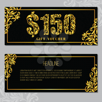 Gift voucher template 150 USD. The inscription created from a floral ornament. Golden Letters on a black background with floral pattern. VIP design.