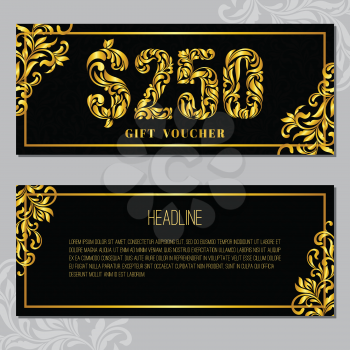 Gift voucher template 250 USD. The inscription created from a floral ornament. Golden Letters on a black background with floral pattern. VIP design.