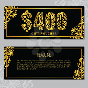 Gift voucher template 400 USD. The inscription created from a floral ornament. Golden Letters on a black background with floral pattern. VIP design.