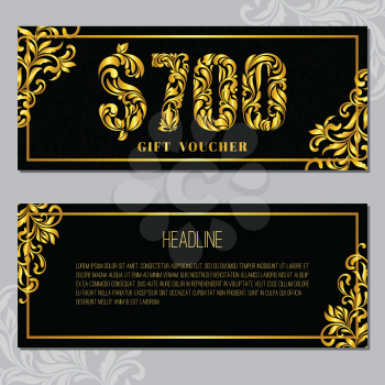 Gift voucher template 800 USD. The inscription created from a floral ornament. Golden Letters on a black background with floral pattern. VIP design.