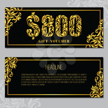 Gift voucher template 800 USD. The inscription created from a floral ornament. Golden Letters on a black background with floral pattern. VIP design.
