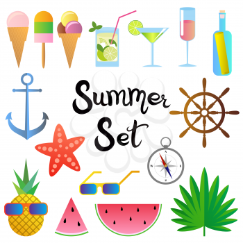 Summer set. All objects isolated on white background. Watermelon, cocktails, pineapple, starfish, glasses, ice cream, palm leaves, anchor, compass, steering wheel, bottle with a card inside