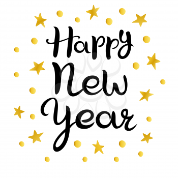 Happy new year. Lettering. Hand drawn Inscription. Black inscription, golden stars and circles isolated on white background