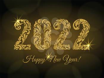 Happy New Year 2022. The figures from a floral ornament with golden glitter and sparks on a dark background with bokeh. Luxury design