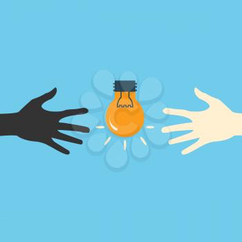 Hands and light bulb. Search ideas. Vector print.