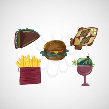 Set color vector sketches icons of food.