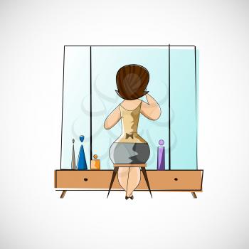 Girl preens before a mirror. Vector sketch.