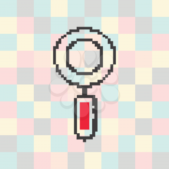 Vector pixel icon magnifying glass on a square background.