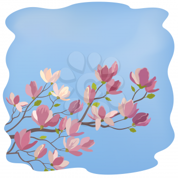 Background for the Valentines Day Holiday, Spring Magnolia Branch with Flowers Against The Blue Sky and White Hearts Silhouettes. Eps10, Contains Transparencies. Vector