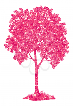 Chestnut pink tree with a pattern of leaves and butterflies and grass, symbol of spring, isolated on a white background. Eps10, contains transparencies. Vector
