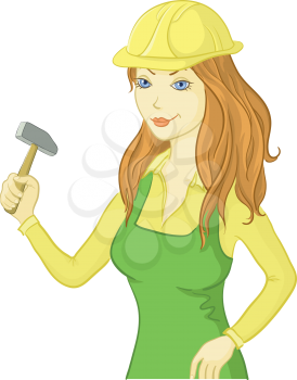 Beautiful Cartoon Girl Worker in a Helmet with a Hammer. Vector