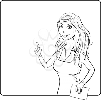 Girl points at the background. Black contour on white. Vector