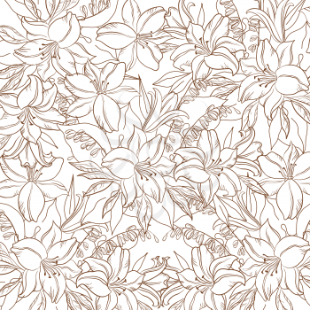 Floral pattern, lily and mine flowers, brown contours on white background. Vector