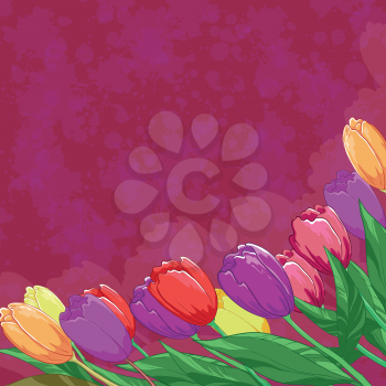 Tulips flowers and leafs on abstract background with blots. Vector eps10, contains transparencies