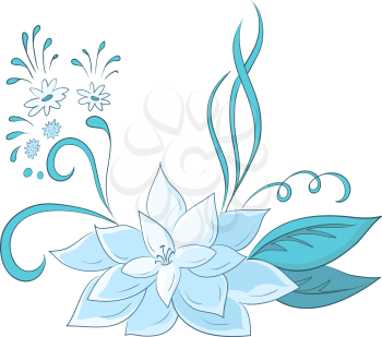 Abstract vector symbolical blue flowers and leaves on a white background