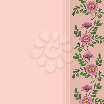 Vector floral background, frame of pink flowers and green leafs