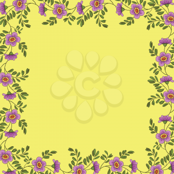 Floral background, frame of lilac flowers and green leafs on yellow Vector