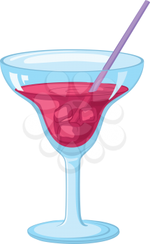 Blue transparent glass with red drink, cold ice cubes and straw. Vector