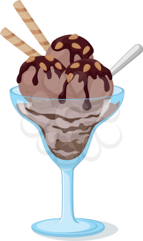 Blue transparent glass with chocolate ice cream, nuts almonds, wafer and spoon. Eps10, contains transparencies. Vector