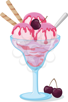 Blue transparent glass with a pink ice cream, cherry berries, scoop and wafer. Eps10, contains transparencies. Vector