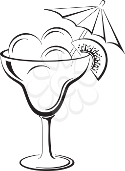 Glass vase with ice cream, umbrella and kiwifruit, black contour on white background. Vector illustration