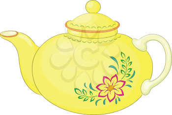 China yellow teapot with a pattern from a red flower and green leaves