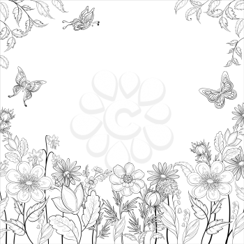 Background with Symbolical Flowers and Butterflies, Black Contours Isolated on White Background. Vector