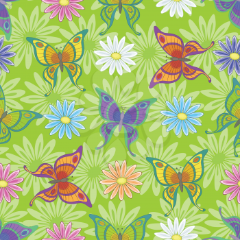 Seamless pattern, colorful flowers and butterflies on green background. Vector