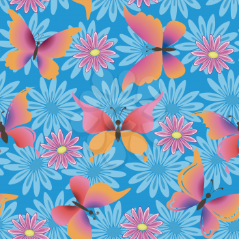 Seamless Pattern, Colorful Flowers and Butterflies on blue Background. Vector