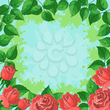 Floral background, frame from flowers red roses and green leaves. Vector