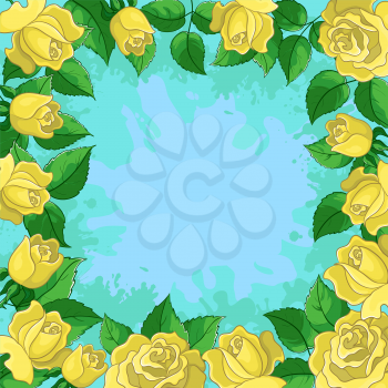 Floral background, frame from flowers yellow roses and green leaves. Vector