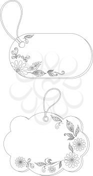 Labels tags, oval and cloud, with floral pattern and ropes, contours. Vector