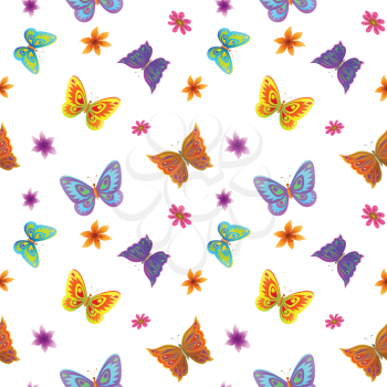 Seamless background, multi-coloured butterflies and flowers. Vector