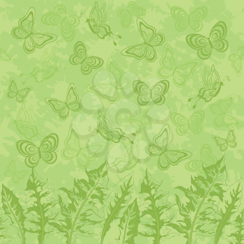 Abstract seamless background, natural pattern, green dandelion leaves and butterflies. Vector