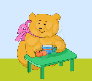 girl bear sits at a table, eats peaches and drinks juice from a mug
