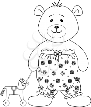 Teddy-bear in the clothes decorated with flowers and toy horsy, contours