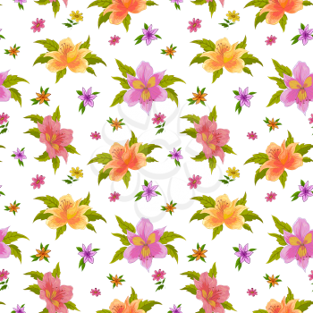 Floral seamless background, alstroemeria flowers and leaves. Vector