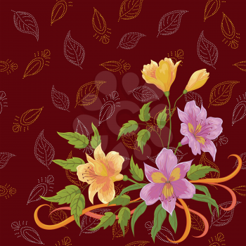 Flowers alstroemeria and pattern of abstract leafs contours. Vector