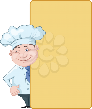 Cartoon cook - chef winking looks out poster, free for your text. Vector