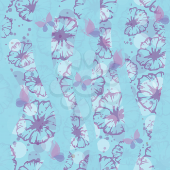 Abstract blue - violet seamless floral background, flowers, butterflies and circles. Vector eps10, contains transparencies