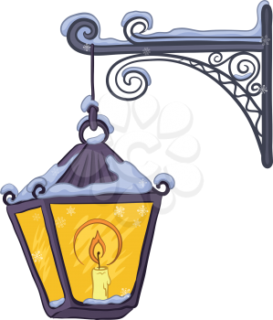 Vintage street lamp glowing in the snow, hanging on a decorative bracket Vector