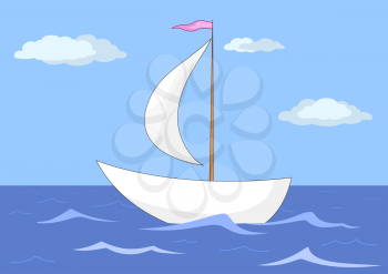 Ship floats in the sea under a sail, from above the sky and clouds. Vector