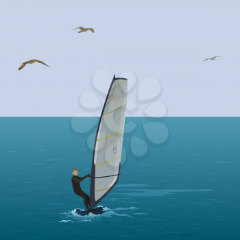 Sportsmen surfer sail in the blue sea, in the sky flying seagull. Eps10, contains transparencies. Vector