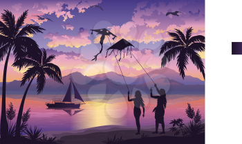 People, Young Women Launching Into the Sky Flying Kite on the Shore of a Tropical Beach with Palm Trees Silhouettes, Ship In Ocean, Sun, Seagulls and Clouds. Eps10, Contains Transparencies. Vector
