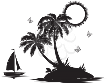 Ship, sun, tropical sea island with palm trees and butterflies, black silhouettes and contours isolated on white background. Vector