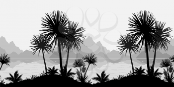 Exotic horizontal seamless landscape, palm trees, plants, sea and mountains black and grey silhouettes. Vector