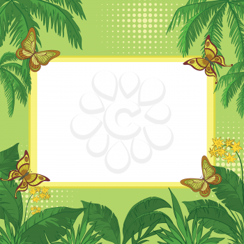 Frame of tropical butterflies, leaves and flowers with a blank white background. Vector