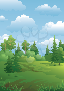 Landscape, green summer forest with fir and pine trees and cloudy sky. Vector