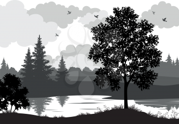 Landscape, Trees, River and Birds, Black and Grey Silhouette Contour on White Background. Vector