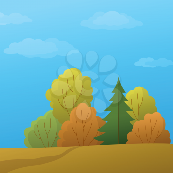 Autumn landscape: forest with various trees and the blue sky with white clouds. Vector